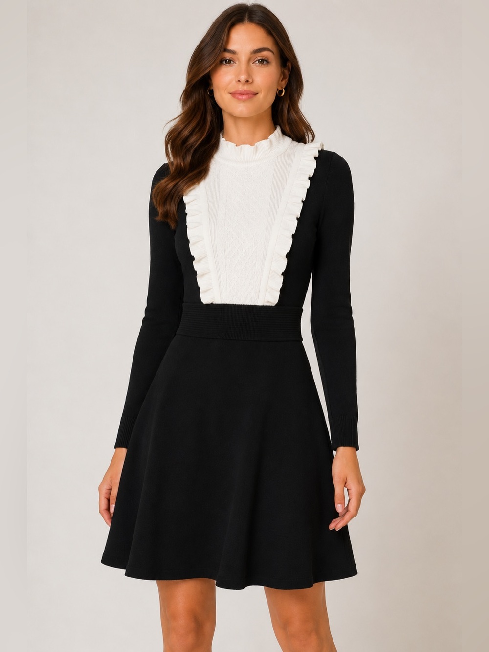 Sandro Paris Dounia Ruffle Bib Knit Fit & Flare Mini Dress Black White Size 2